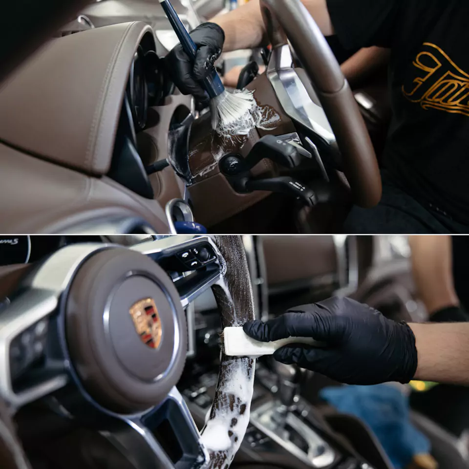 Частичный пошив салона Porsche Cayenne в кожу, полировка и керамика кузова